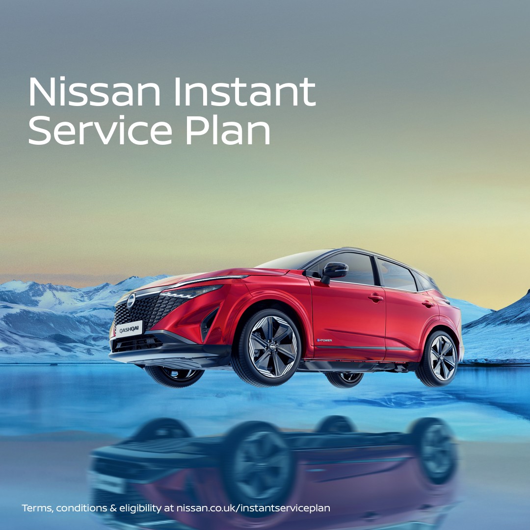 Red Nissan Qashqai car with Nissan Instant Service Plan text displayed.