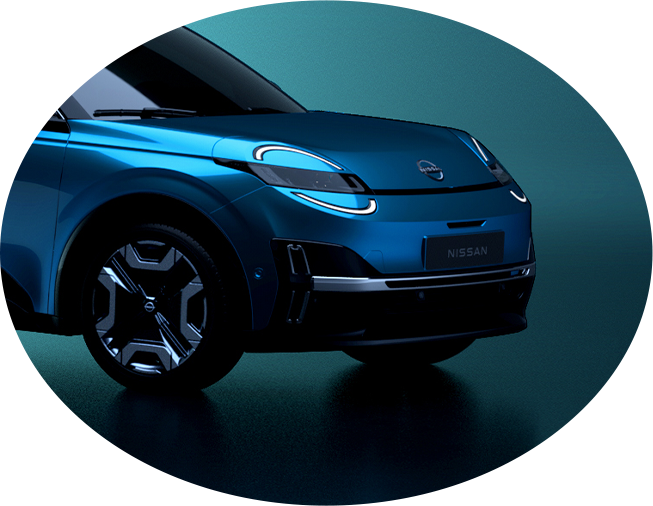 Blue Nissan car front featuring sleek headlight design.