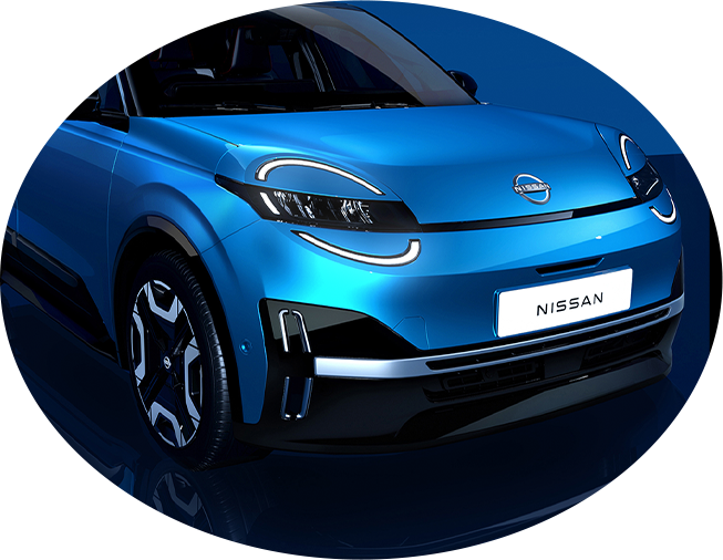 Blue Nissan electric SUV showcasing modern headlight design and logo.