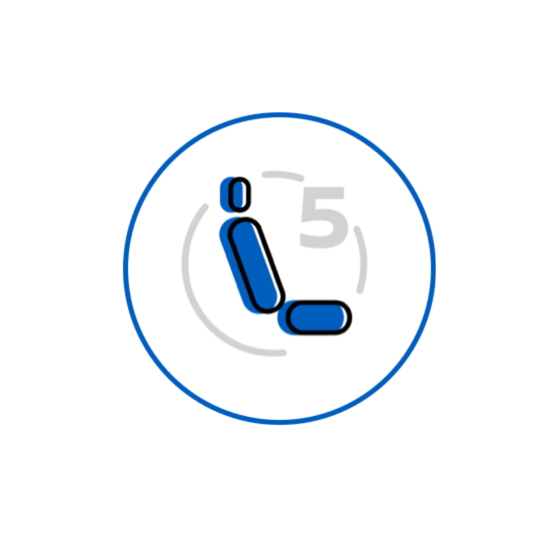 Icon of a blue car seat with the number 5 in a circle outline.