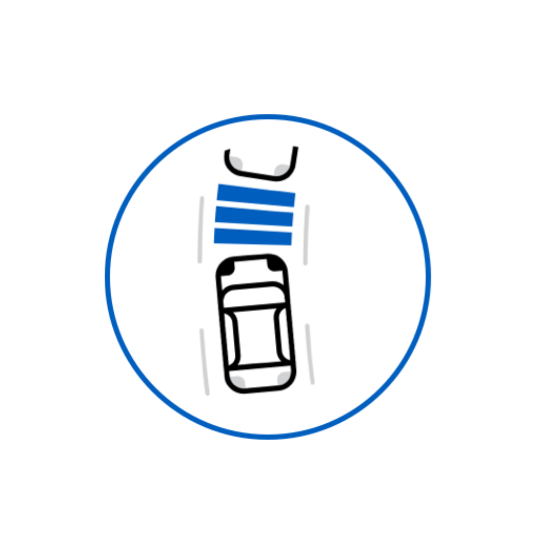 Diagram of a car showing collision avoidance with blue lines.