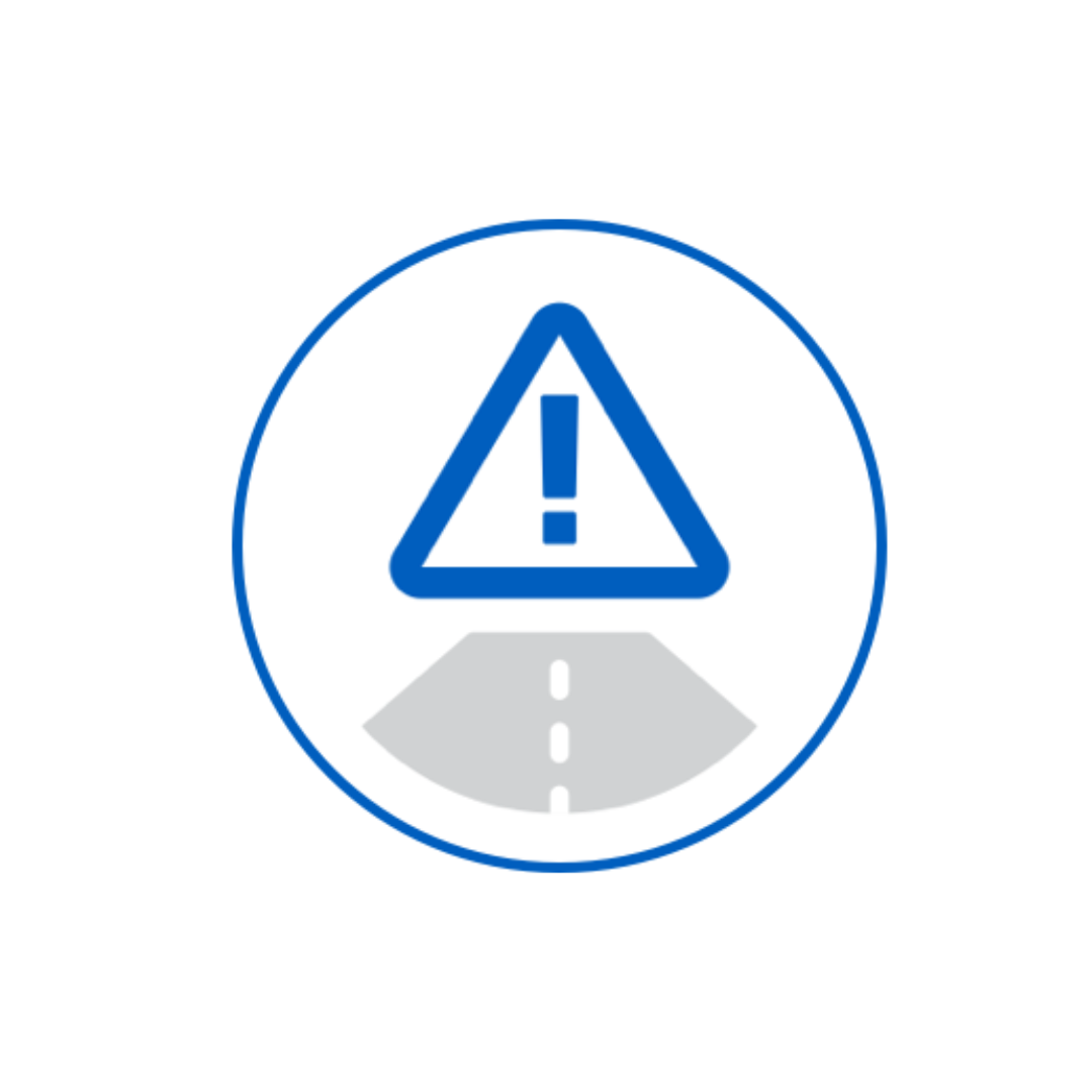 Warning sign icon with exclamation mark above a road illustration.