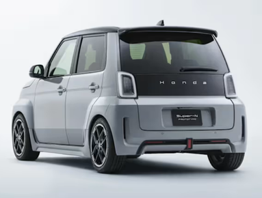 Silver Honda car viewed from the rear and side with a boxy shape.