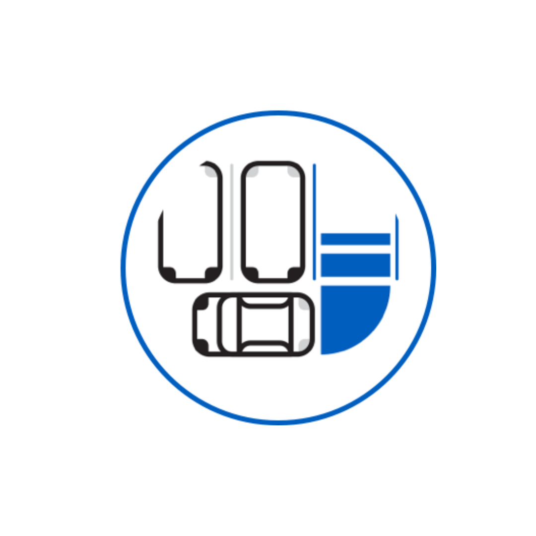 Circle with stylised car symbols and blue geometric shapes.