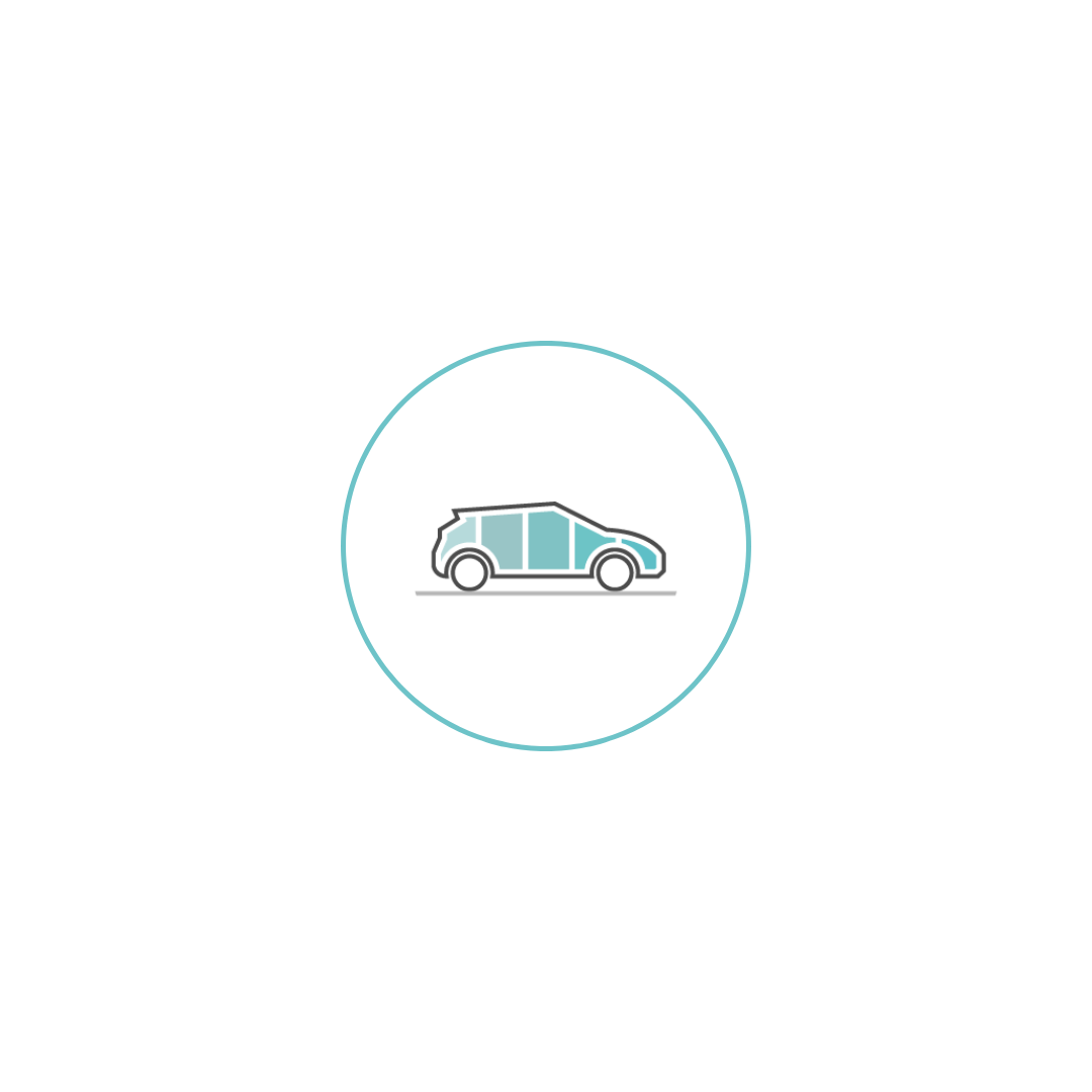 Icon of a simplified car within a circle, featuring blue accents.