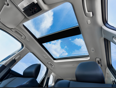 Car interior with panoramic sunroof and two visible seats.