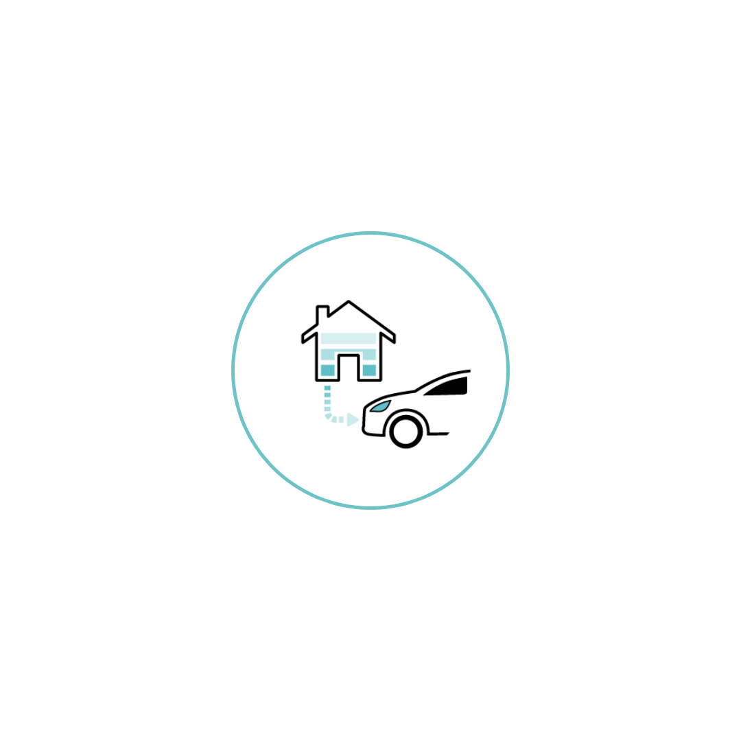 Icon showing a house connected to a car with a cable.