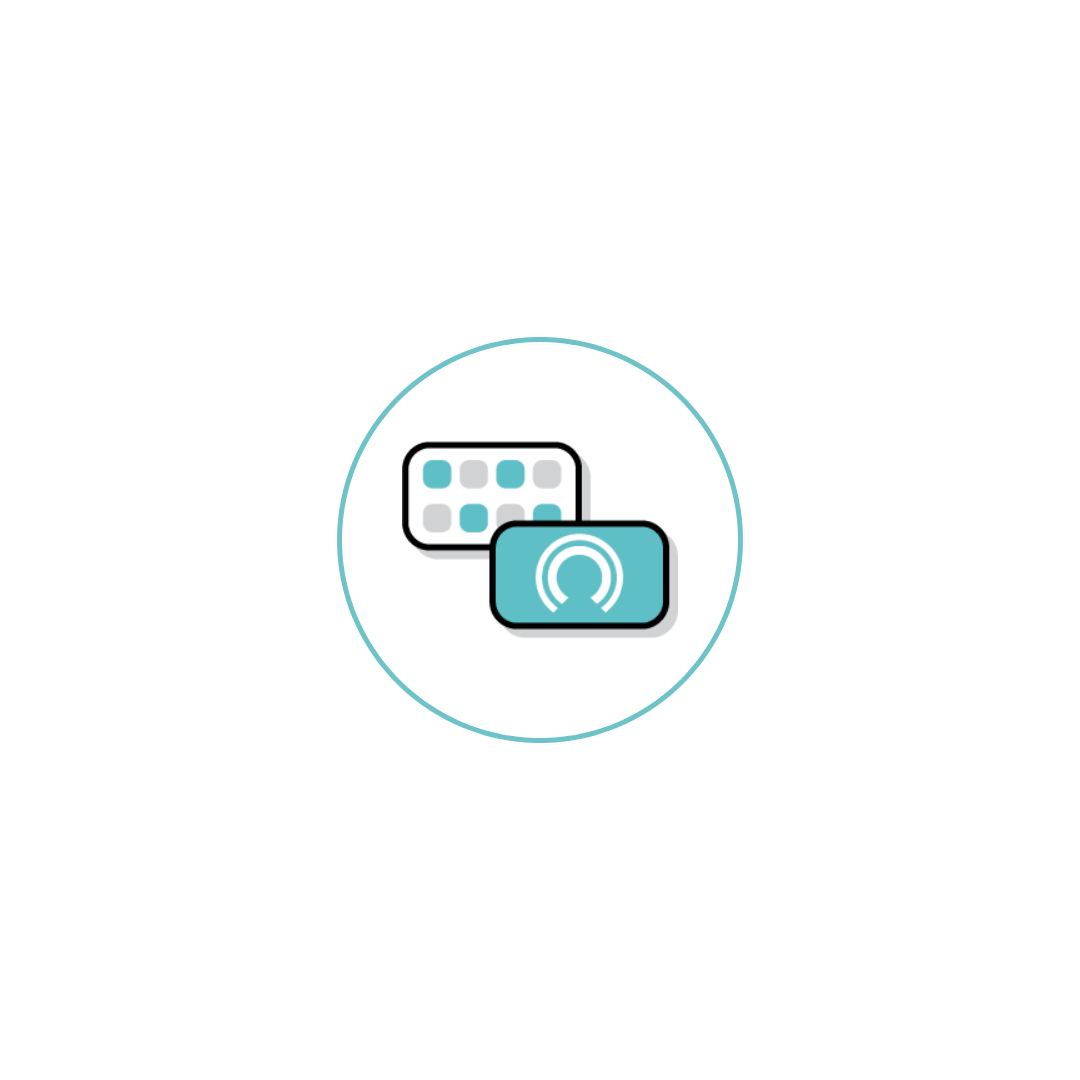 Illustration of two icons: a grid and a blue circle symbol.