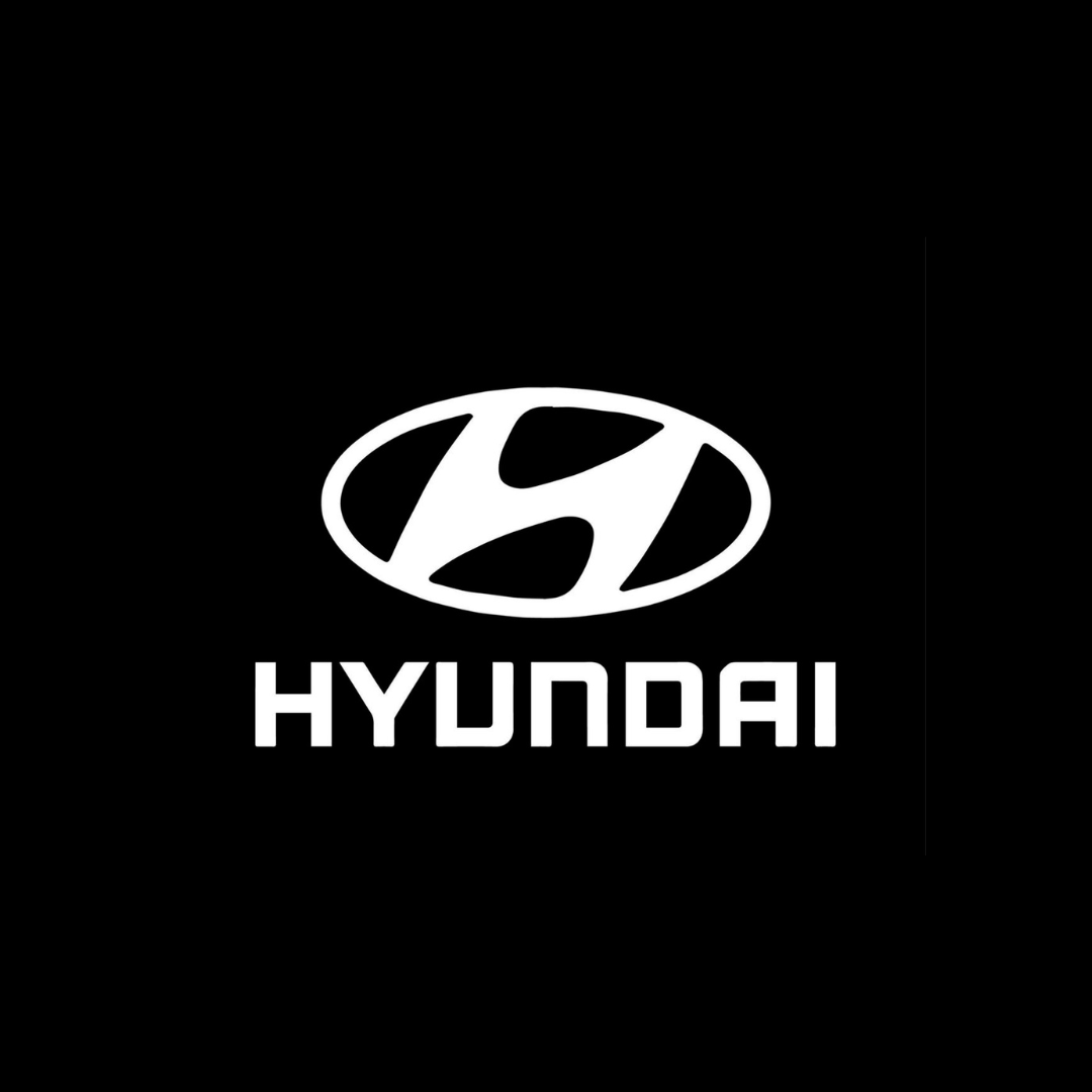 Hyundai logo with stylised H inside an oval, black background.