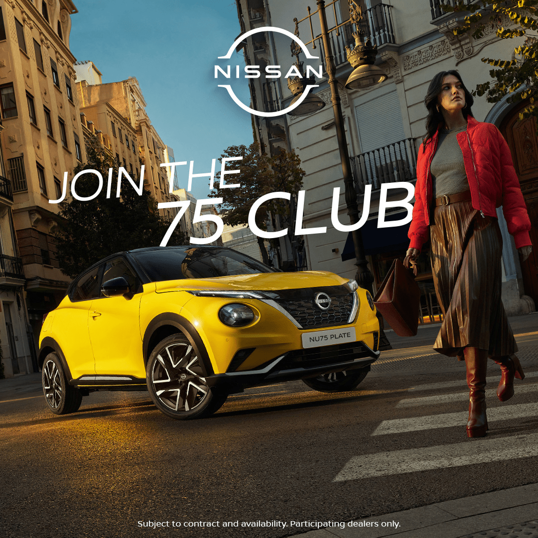Yellow Nissan car parked on street with a person walking nearby, text reads Join the 75 Club.
