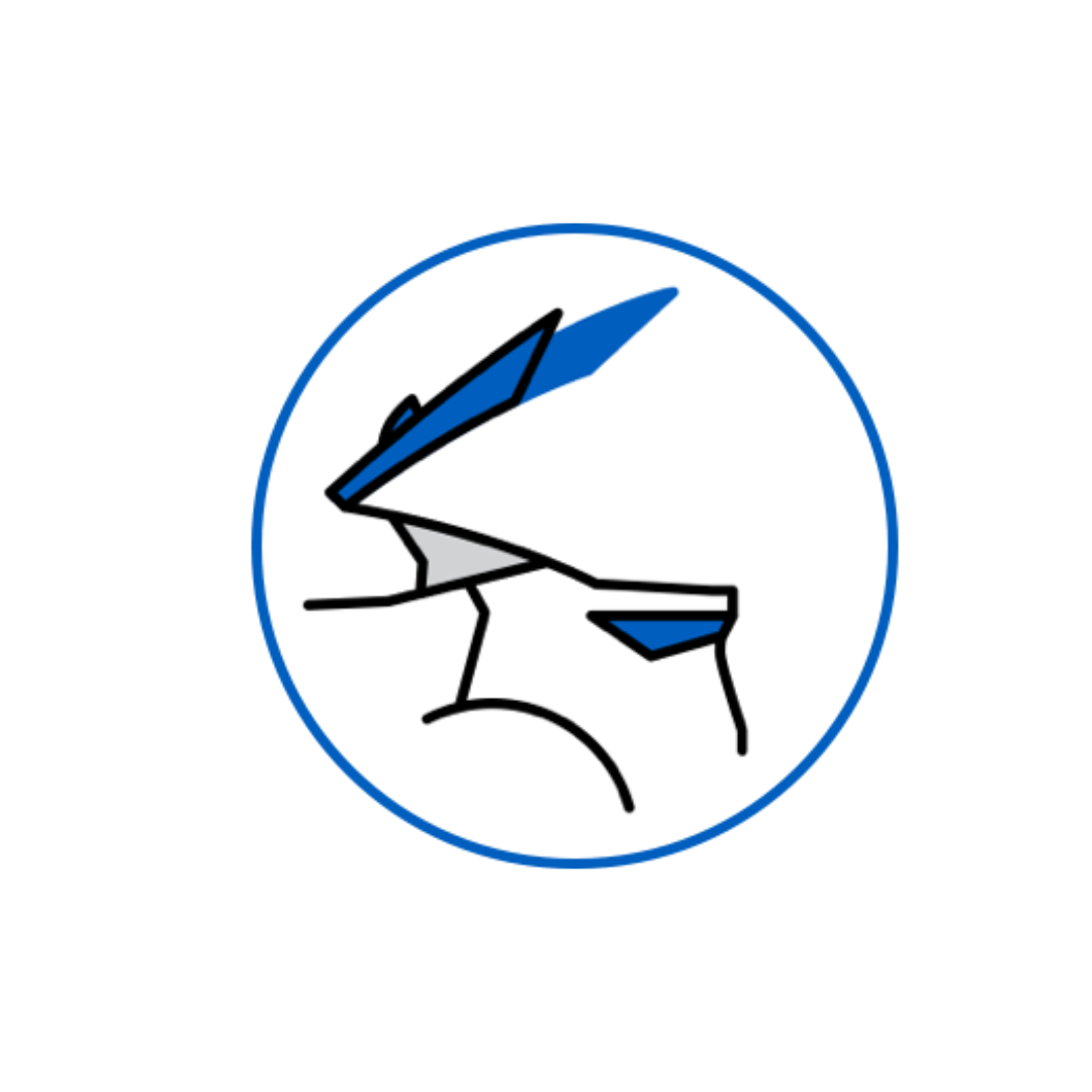 Minimalist sketch of a stylised bird in blue and white, encircled by a blue outline.