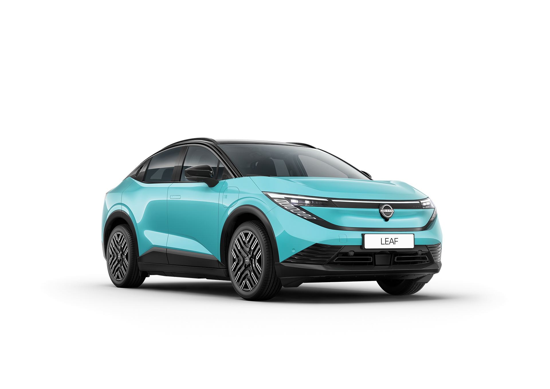 Turquoise electric car with Leaf licence plate, viewed from front-left angle.
