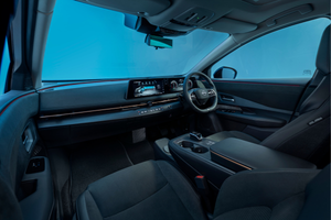 Interior view of a modern car showing dashboard, steering wheel and front seats.