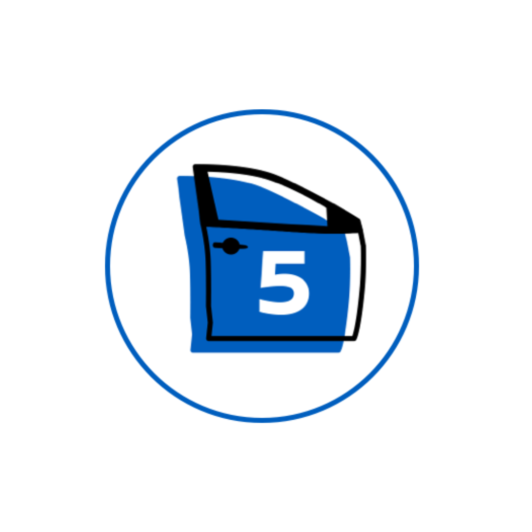 Icon of a blue car door with the number 5 inside a circle.