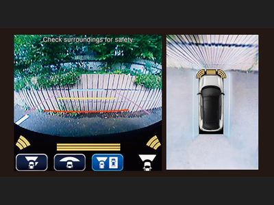 Dual screen car parking display showing rear view and top-down view with safety alerts.