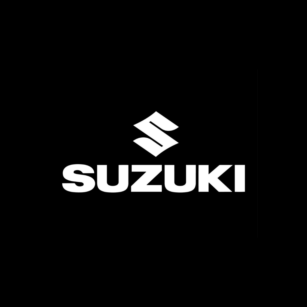 White Suzuki logo with text on a black background.