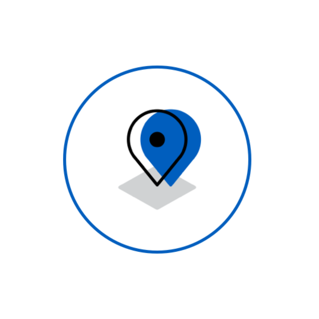 Map marker icon with blue and white pin inside a blue circular border.