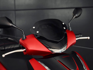 Close-up of red motorcycle handlebars and windscreen.
