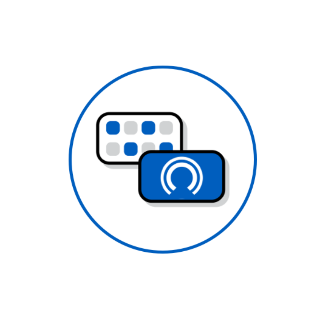 Icon with a grid of squares and a symbol of two arcs overlapping a circle in a blue circle.