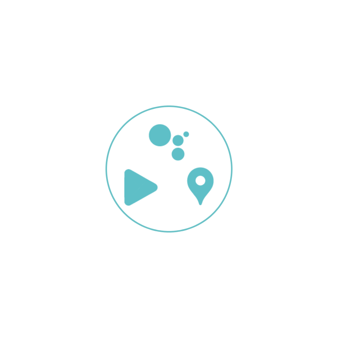 Circle with blue icons: play button, bubbles, location pin.
