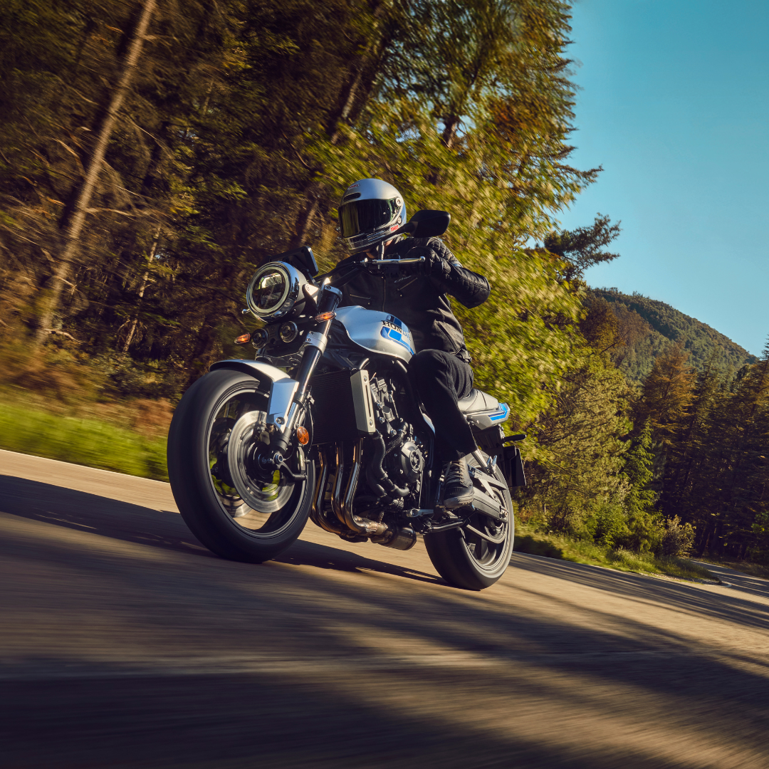 Rider on a white and blue motorcycle travelling on a road with trees in the background.