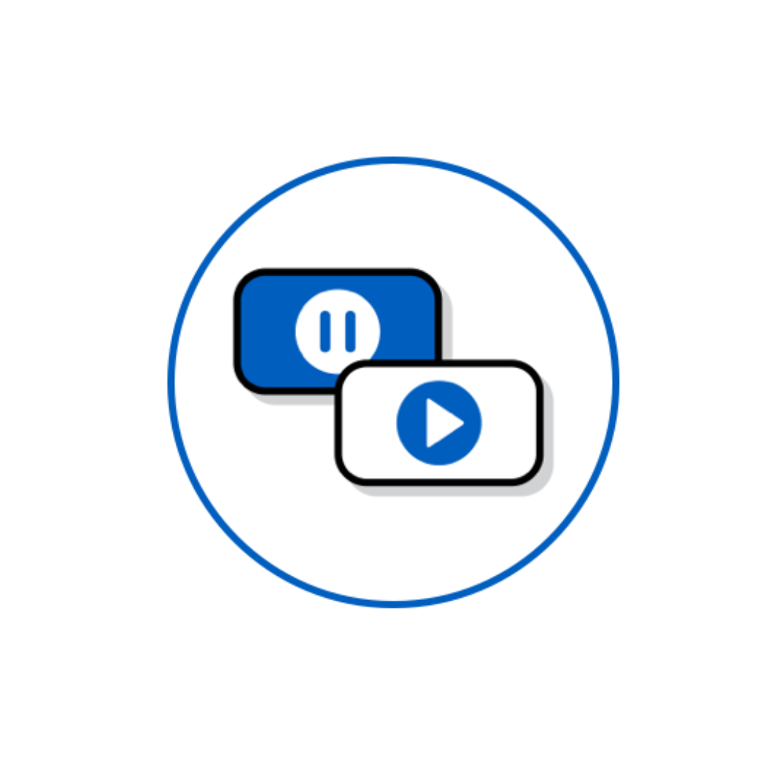 Play and pause icons inside a blue circle.