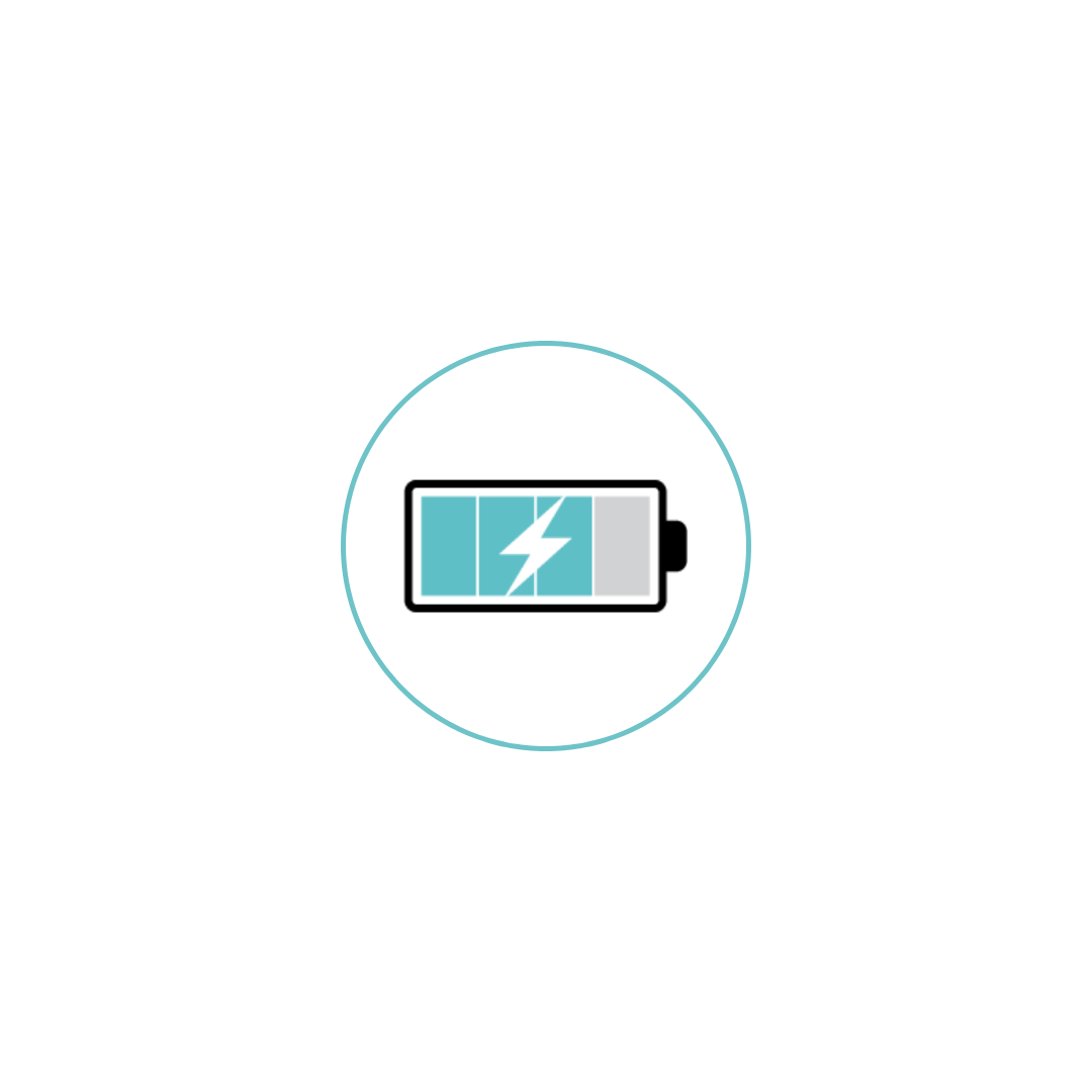 Battery icon with three bars and lightning bolt inside a circle.