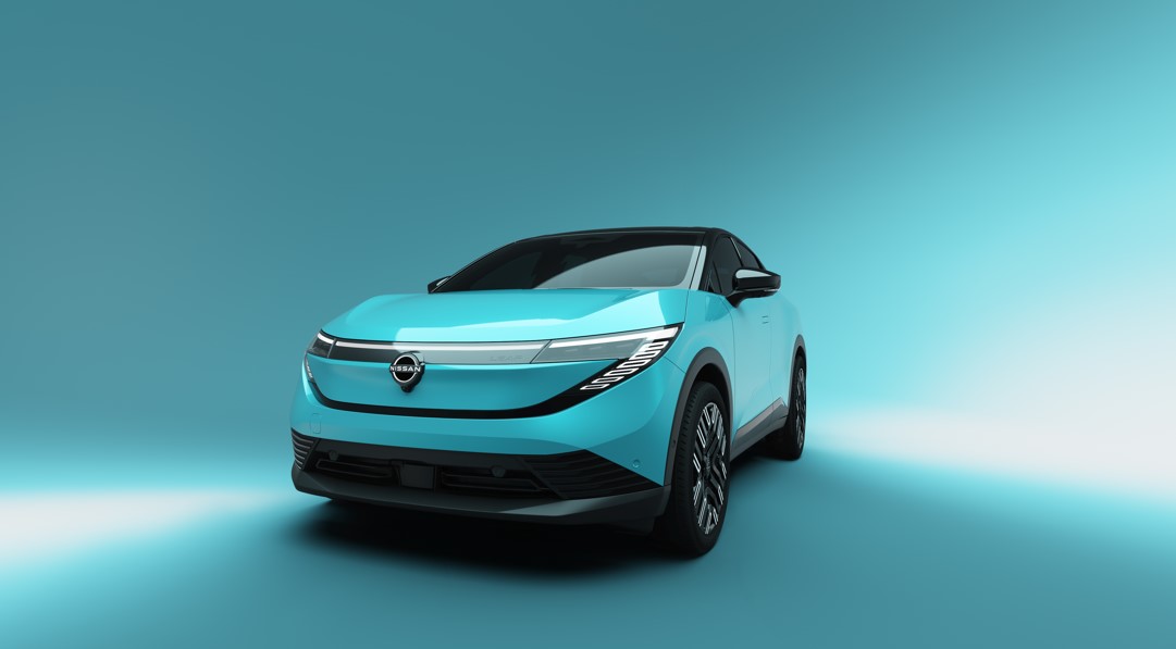 Blue electric car, front three-quarter view.