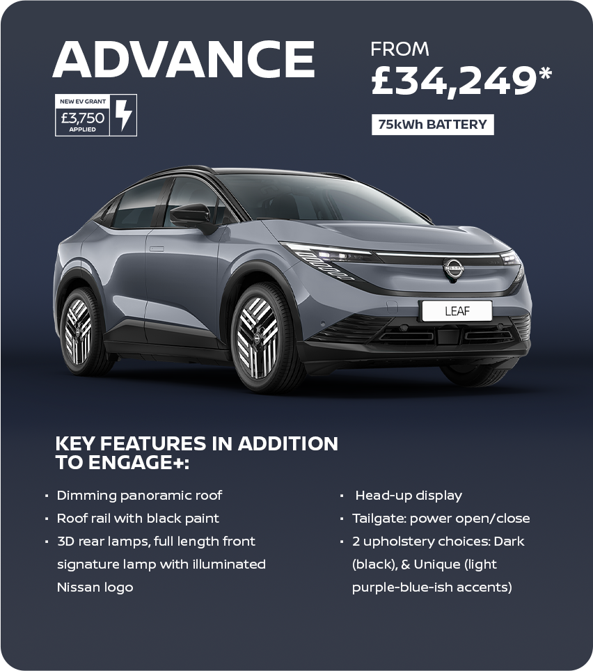 Nissan Leaf with features list and pricing details shown on a dark background.