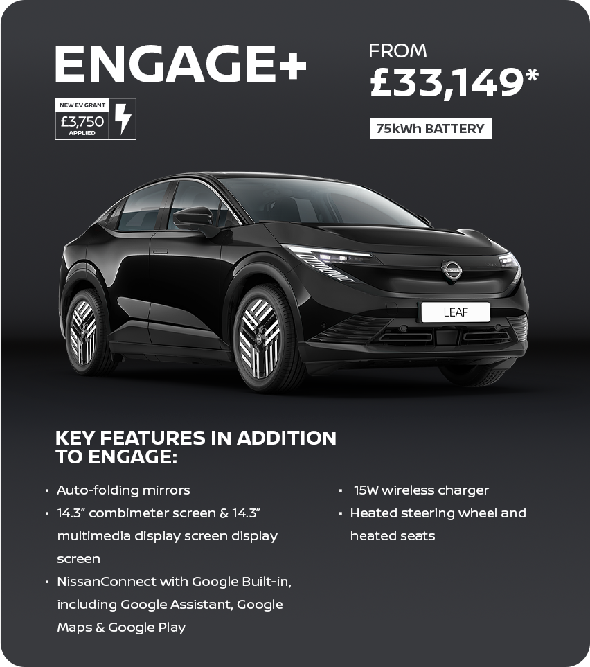 Black Nissan Leaf Engage+ with features listed and starting price £33,149.