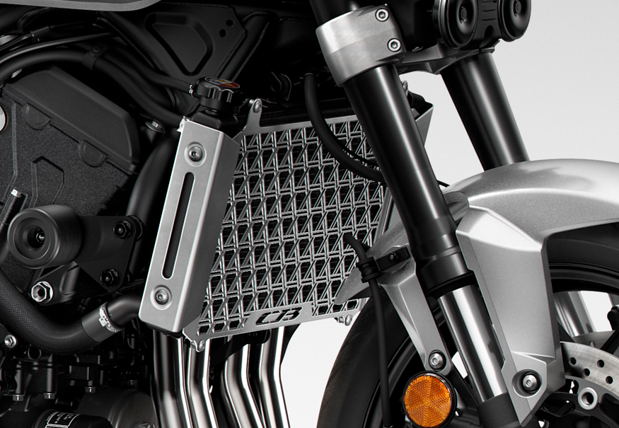 Close-up of a motorcycle's front suspension and radiator grille.