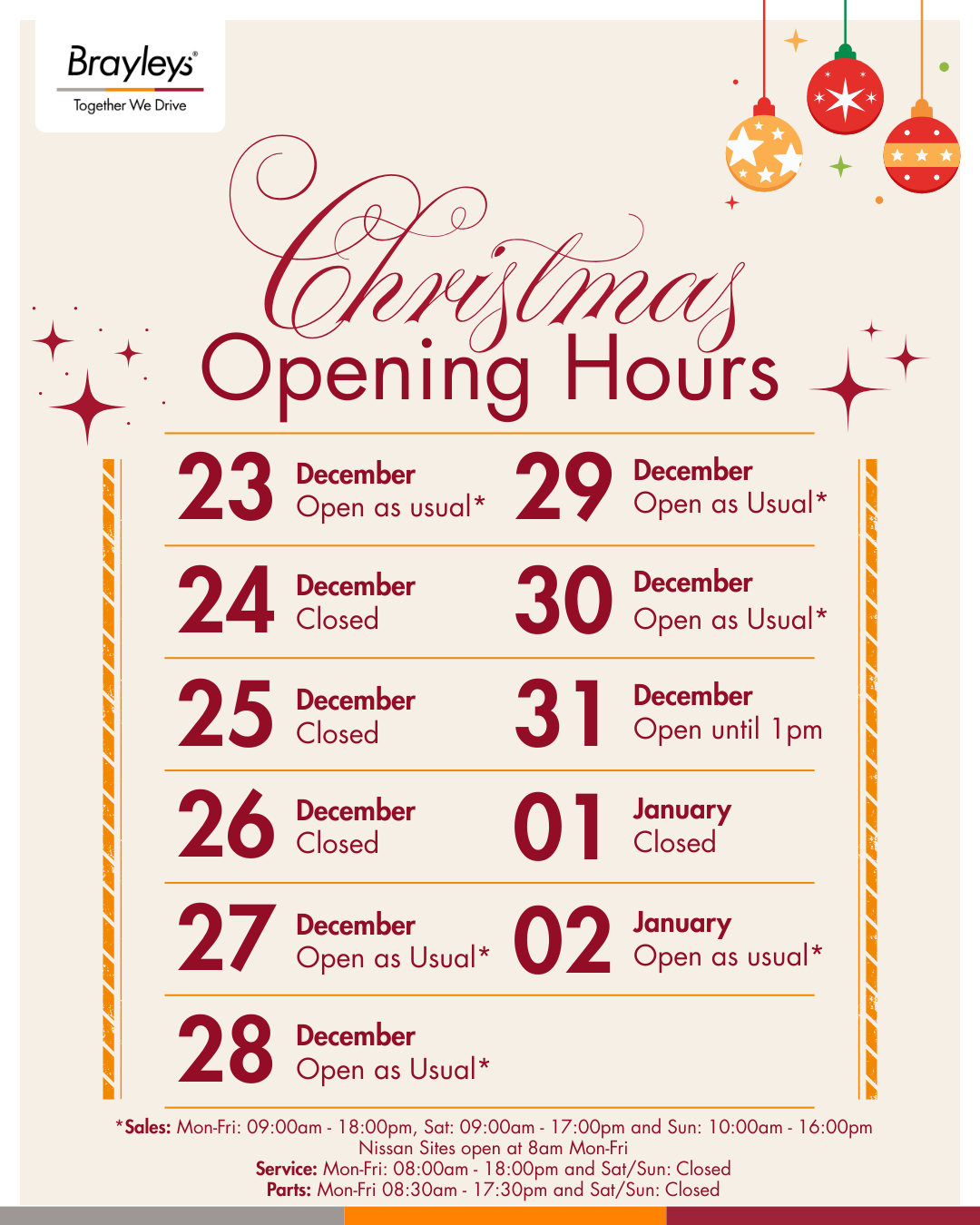 Christmas opening hours poster for Brayleys with details from December 23 to January 2.