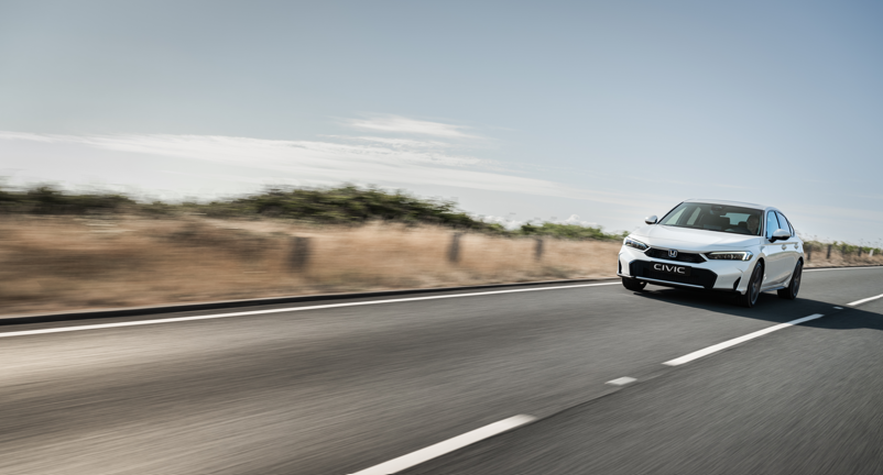 White car driving on a road with grass and bushes.