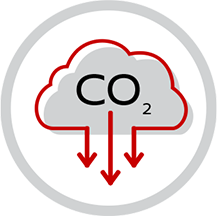 Cloud shape with CO2 and red downward arrows inside a grey circle.