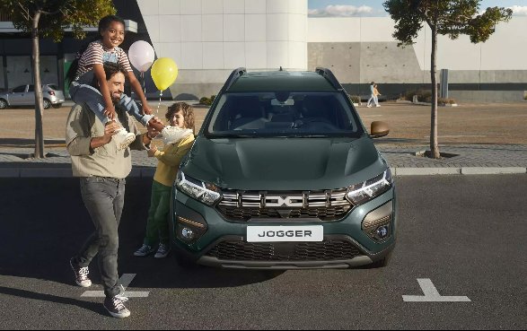 Family with a child and balloons near a green car.