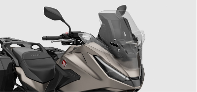 Motorcycle front view with clear windscreen and handlebars.
