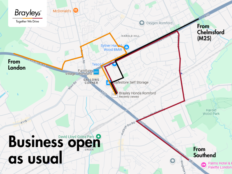 Map showing routes to Brayleys Honda Romford, with text Business open as usual.