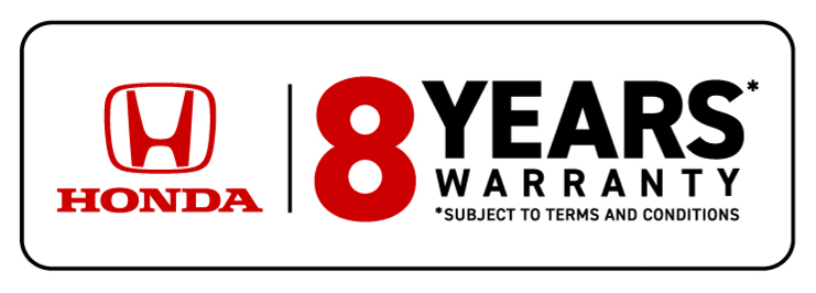 Honda logo with 8 Years Warranty text, asterisk notes terms and conditions apply.