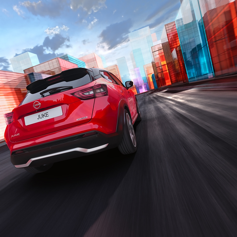 Red SUV driving through a cityscape with colourful, transparent buildings.