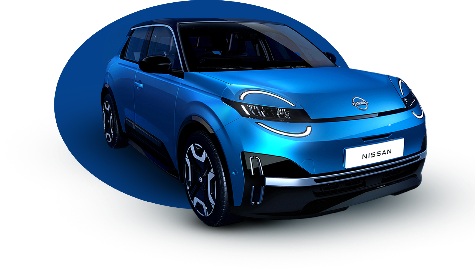 Blue Nissan car, front side view with LED headlights.