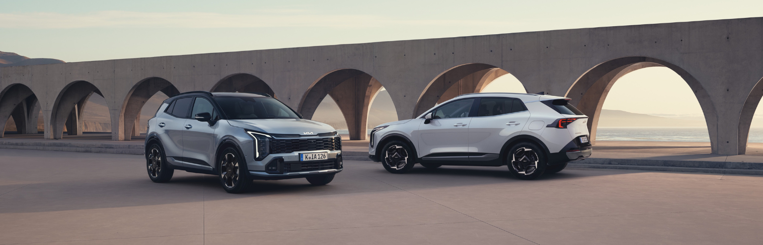 Two silver SUVs parked in front of an arched structure.