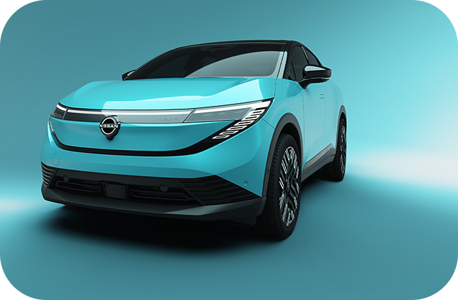 A turquoise Nissan electric SUV viewed from the front at a slight angle.