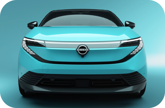 Front view of a turquoise Nissan car with LED headlights.