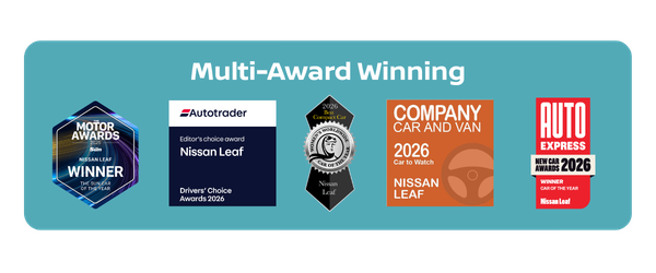 Nissan Leaf award badges from five different automotive publications