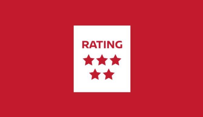 Red image with Rating text and 5 stars