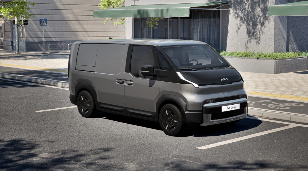 Grey van parked on city street.