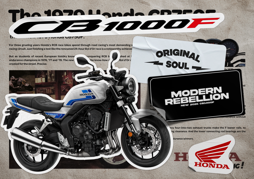 Honda CB1000F motorcycle with Original Soul and Modern Rebellion text elements.