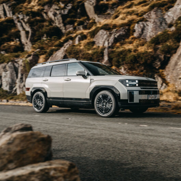 Silver SUV parked on a mountain road.