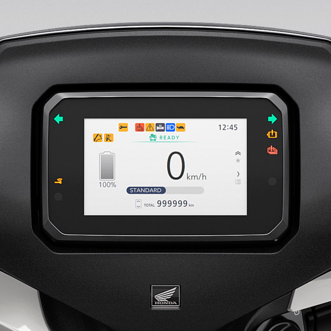 Close-up of a motorcycle digital dashboard showing 0 km/h speed and total 999999 km.