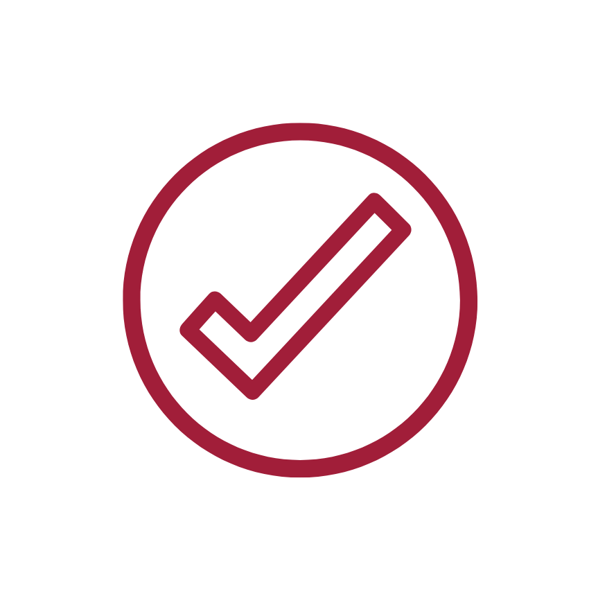 Red check mark inside a red circle.